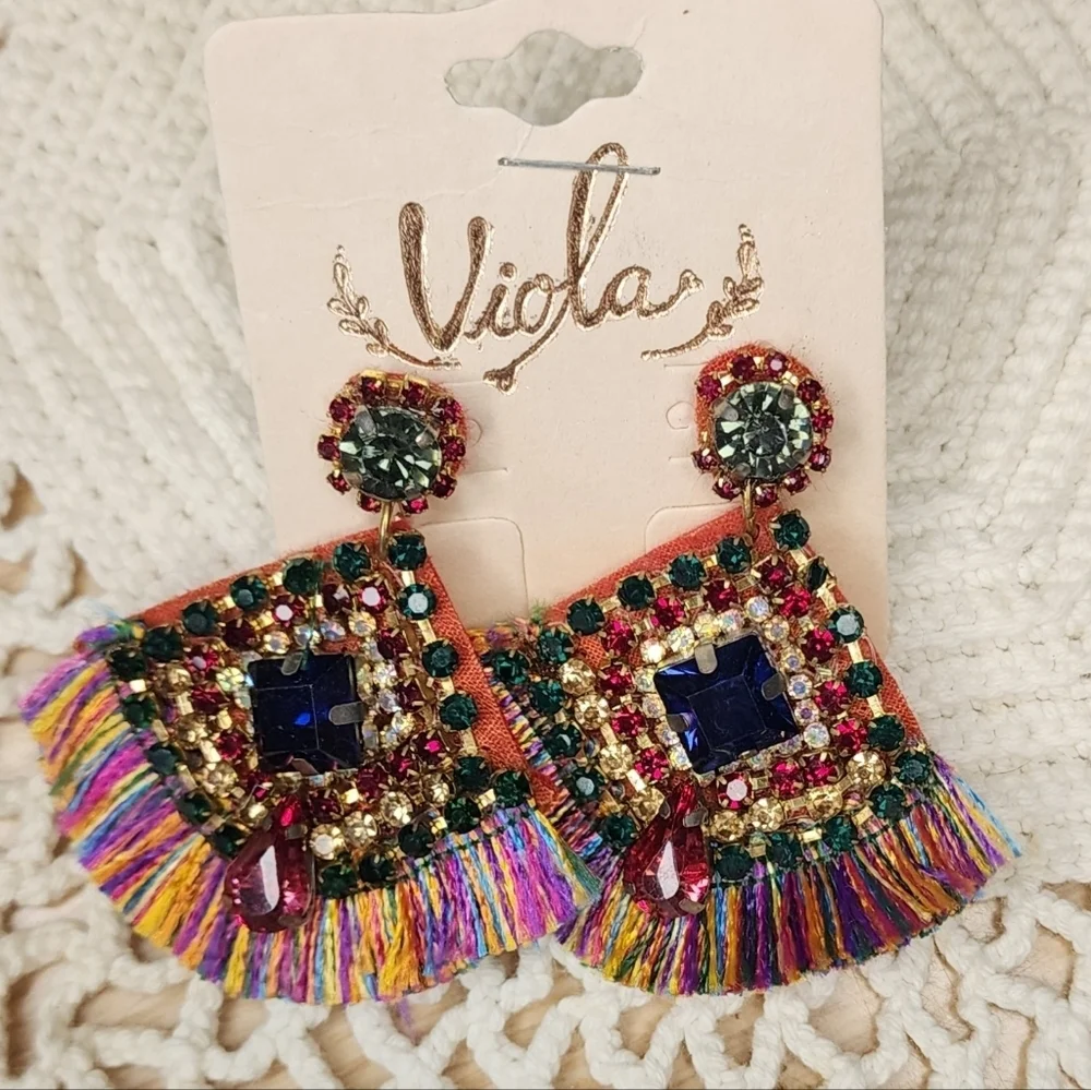 Viola Boho Multicolor Statement Earrings, Rhinestone, Beads Tassels